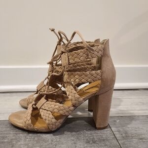 Y-Not? Taupe Rope Lace Up Block Heel Womens US10